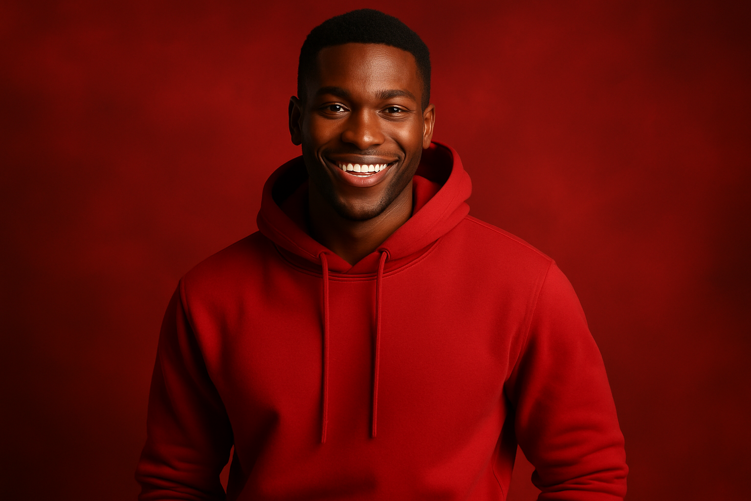 red background with a red hoody and the model is African and smiling